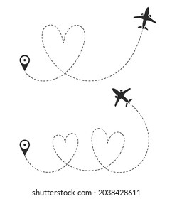 The symbol of love travel. The flight path of the plane from the point of location along the dotted line. Romantic flight route from waypoint with airplane silhouette. Vector elements.