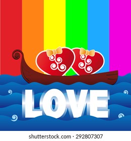 Symbol of  love. Two hearts in a boat floating on the sea. Valentine's day.