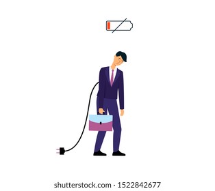 Symbol of low charged battery with character of businessman or office worker tired and frustrated with recharge cable vector illustration isolated on white background.