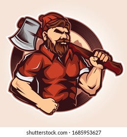  symbol Lumberjack Mascot logo design hold the axe