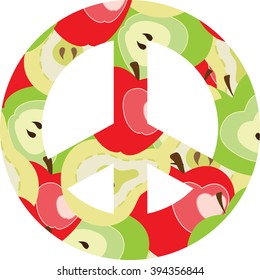 ?eace symbol made of apple pattern, pacifism sign. Hippie style ornamental background. Love and peace. Colorful peace symbol retro 1960s, 70s