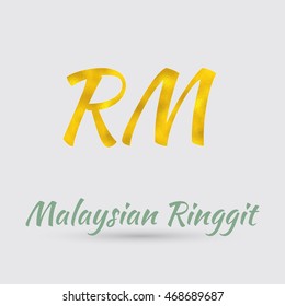 Symbol of the Malaysian Ringgit Currency with Golden Texture. Text with the Malaysian Currency Name.Vector EPS 10