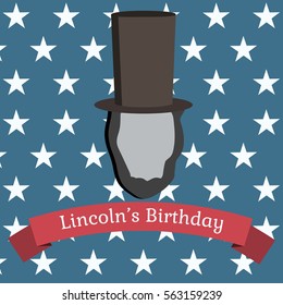 Symbol of a man with beards wearing 19th century hat. Greeting on red trip. Blue background with white stars. Lincoln's birthday. Vector illustration
