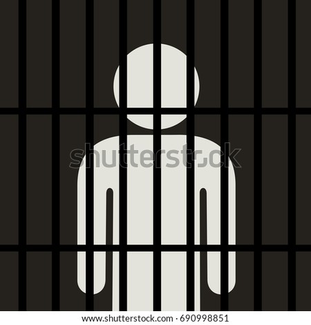 Symbol of man is behind bars in the dark place -  criminal and delinquent is arrested and locked in the cell in the prison. Punishment and imprisonment because of committing crime. Vector illustration