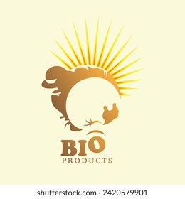 A symbol of a man pouring out grain from a bag with the inscription BIO, with sun rays behind him.