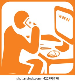Symbol of the Man Sitting Near Computer and Making an Order from the Internet by a Phone Call - Infographic Silhouette Style