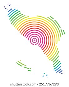 Mapa simbólico de la provincia autónoma de Aceh (Indonesia) que muestra el territorio con círculos concéntricos en colores del arco iris