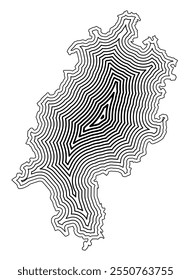 Mapa de símbolos da Bundesland de Hessen (Alemanha) mostrando a fronteira interna do estado tamponada com linhas afuniladas pretas