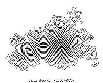 Mapa de símbolos da Bundesland Mecklenburg-Vorpommern (Alemanha) mostrando a fronteira do estado tamponada no interior com linhas afiladas pretas