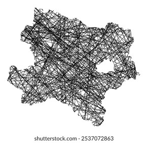 Mapa de símbolos da Bundesland Niederoesterreich (Áustria) mostrando o estado com linhas pretas cruzadas, como paus Mikado ou uma teia de aranha