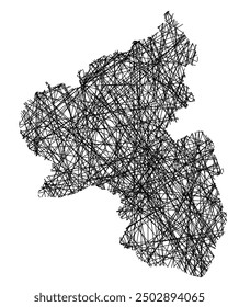 Symbol Map of the Bundesland Rheinland-Pfalz (Germany) showing the state with black, crossing lines like Mikado Sticks or a spider web