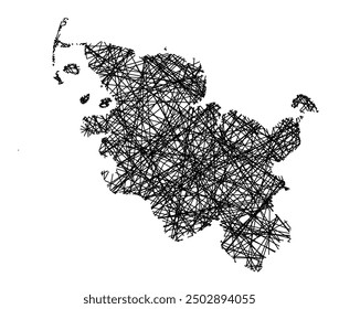 Symbol Map of the Bundesland Schleswig-Holstein (Germany) showing the state with black, crossing lines like Mikado Sticks or a spider web