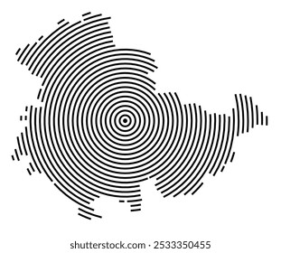 Mapa simbólico del Bundesland de Turingia (Alemania) que muestra el Bundesland con una serie de líneas circulares negras sobre fondo blanco