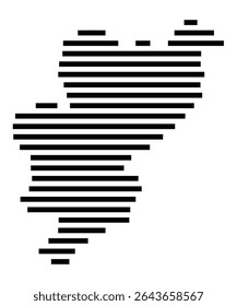 Mapa de símbolos da cidade Jüchen (Nordrhein-Westfalen, Alemanha) mostrando a área da cidade com apenas algumas linhas horizontais pretas