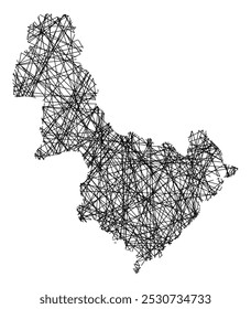 Symbol Map of the County Aust-Agder (Norway) showing the state with black, crossing lines like Mikado Sticks or a spider web