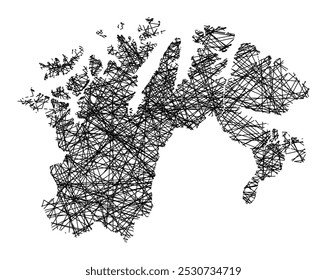 Mapa de símbolos do condado de Finnmark (Noruega) mostrando o estado com linhas pretas, como paus Mikado ou uma teia de aranha