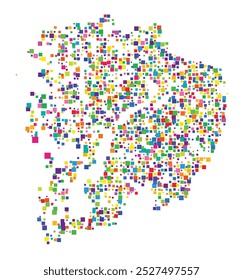 Mapa de símbolos do condado de Hordaland (Noruega) mostrando o território com um padrão de quadrados coloridos distribuídos aleatoriamente de diferentes tamanhos