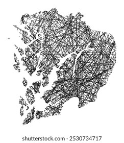 Mapa de símbolos do condado de Hordaland (Noruega) mostrando o estado com linhas pretas, como paus Mikado ou uma teia de aranha