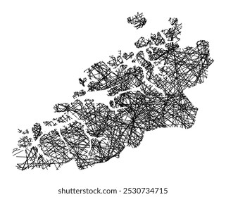 Mapa de símbolos do condado Mais og Romsdal (Noruega) mostrando o estado com linhas pretas, como paus Mikado ou uma teia de aranha