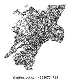 Symbolkarte der Grafschaft Nord-Trondelag (Norwegen), die den Staat mit schwarzen, sich kreuzenden Linien wie Mikado Sticks oder einem Spinnennetz zeigt