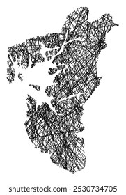 Symbol Map of the County Rogaland (Norway) showing the state with black, crossing lines like Mikado Sticks or a spider web