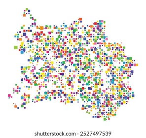 Mapa de símbolos do condado de Sogn og Fjordane (Noruega) mostrando o território com um padrão de quadrados coloridos distribuídos aleatoriamente de diferentes tamanhos