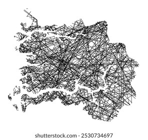 Mapa de símbolos do condado de Sogn og Fjordane (Noruega) mostrando o estado com linhas pretas, como varas de Mikado ou uma teia de aranha