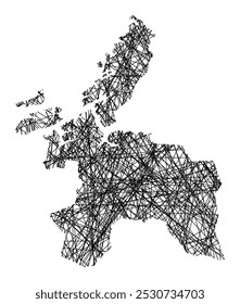 Symbolkarte der Grafschaft Sor-Trondelag (Norwegen), die den Staat mit schwarzen, sich kreuzenden Linien wie Mikado Sticks oder einem Spinnennetz zeigt