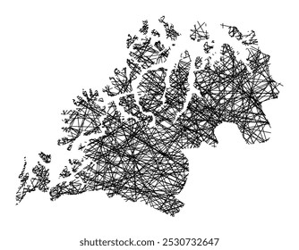 Symbol Map of the County Troms (Norway) showing the state with black, crossing lines like Mikado Sticks or a spider web