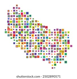 Symbolkarte der Grafschaft Vaesterbotten (Schweden), die das Gebiet mit einem Muster überlappender bunter Quadrate wie Bonbons zeigt