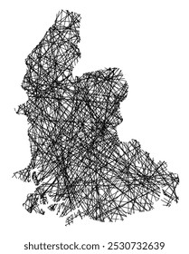 Symbol Map of the County Vest-Agder (Norway) showing the state with black, crossing lines like Mikado Sticks or a spider web