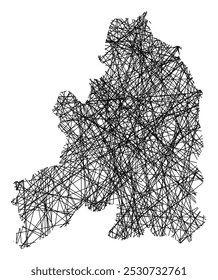 Mapa de Símbolos da Guarda Distrital (Portugal) mostrando o estado com linhas pretas cruzadas, como Vara de Mikado ou teia de aranha