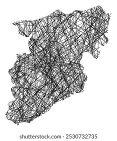 Mapa de Símbolos do Distrito de Viseu (Portugal) mostrando o estado com linhas pretas cruzadas, como bengalas Mikado ou teia de aranha