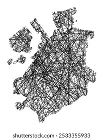 Symbol Map of the Kanton Fribourg (Switzerland) showing the state with black, crossing lines like Mikado Sticks or a spider web