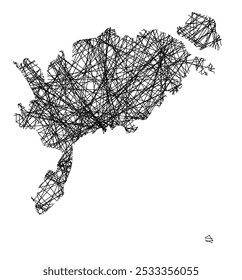 Mapa de símbolos do município de Saare (Estônia) mostrando o estado com linhas pretas, como paus Mikado ou uma teia de aranha