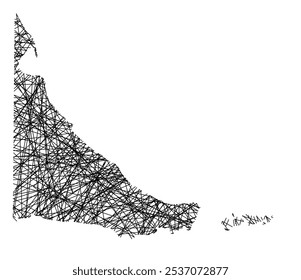 Mapa de Símbolos do Território Nacional da Terra do Fogo (Argentina) mostrando o estado com linhas pretas cruzando, como bengalas Mikado ou teia de aranha