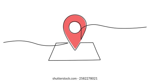 Symbol of map online on paper in continuous one line drawing. Represents navigation, travel planning, or location search. Vector illustration hand drawn.