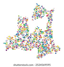 Symbol Map of the Prefecture Aomori (Japan) showing the territory with a pattern of randomly distributed colorful squares of different sizes