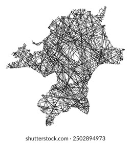 Symbol Map of the Prefecture Fukuoka (Japan) showing the state with black, crossing lines like Mikado Sticks or a spider web