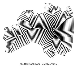 Mapa de símbolos da prefeitura de Fukushima (Japão) mostrando a fronteira interna do estado tamponada com linhas escuras afuniladas