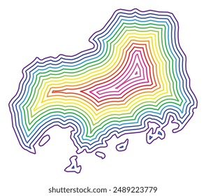 Mapa de símbolos de la prefectura de Hiroshima (Japón) que muestra la frontera estatal dentro de ella con los colores del arco iris