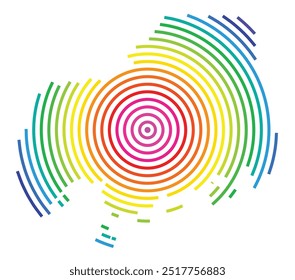 Mapa simbólico de la prefectura de Hiroshima (Japón) que muestra el territorio con círculos concéntricos en colores del arco iris