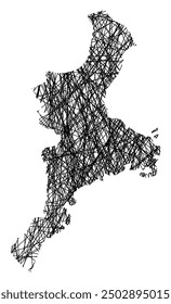 Mapa de símbolos de la prefectura de Mie (Japón) que muestra el estado con negro, cruzando líneas como Mikado Sticks o un Web de araña