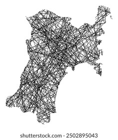 Symbol Map of the Prefecture Miyagi (Japan) showing the state with black, crossing lines like Mikado Sticks or a spider web