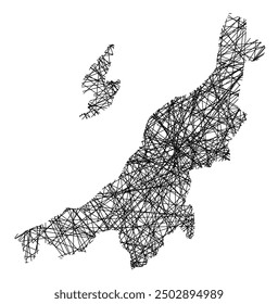 Symbol Map of the Prefecture Niigata (Japan) showing the state with black, crossing lines like Mikado Sticks or a spider web