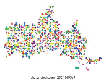 Mapa de símbolos da prefeitura de Yamaguchi (Japão) mostrando o território com um padrão de quadrados coloridos distribuídos aleatoriamente de diferentes tamanhos