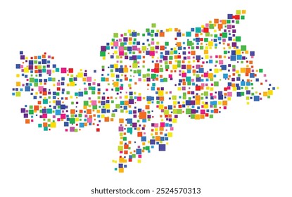 Symbol Map of the Province Bozen (Italy) showing the territory with a pattern of randomly distributed colorful squares of different sizes