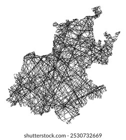 Mapa de símbolos da província de Gauteng (África do Sul) mostrando o estado com linhas pretas, como paus Mikado ou uma teia de aranha