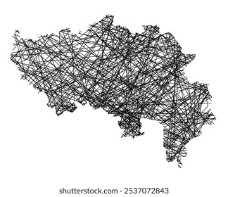 Symbolkarte der Provinz Lüttich (Belgien), die den Staat mit schwarzen, kreuzenden Linien wie Mikado Sticks oder einem Spinnennetz zeigt