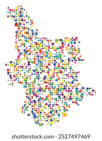 Symbol Map of the Province Oristrano (Italy) showing the territory with a pattern of randomly distributed colorful squares of different sizes